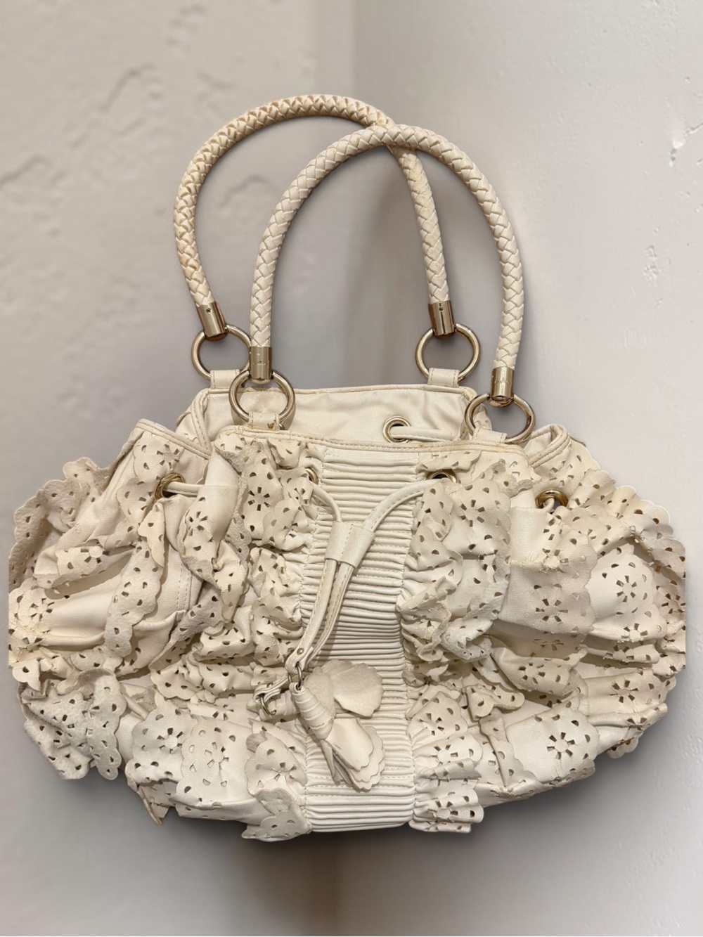 bebe Cream Ruffle Shoulder Bag with Braided Handles and Drawstring
